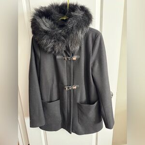 Calvin Klein black zip and buckle coat with fur hood